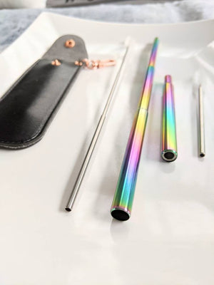 Clearance: Rainbow Chrome Collapsible Straws in Vegan Leather Keychain Case
