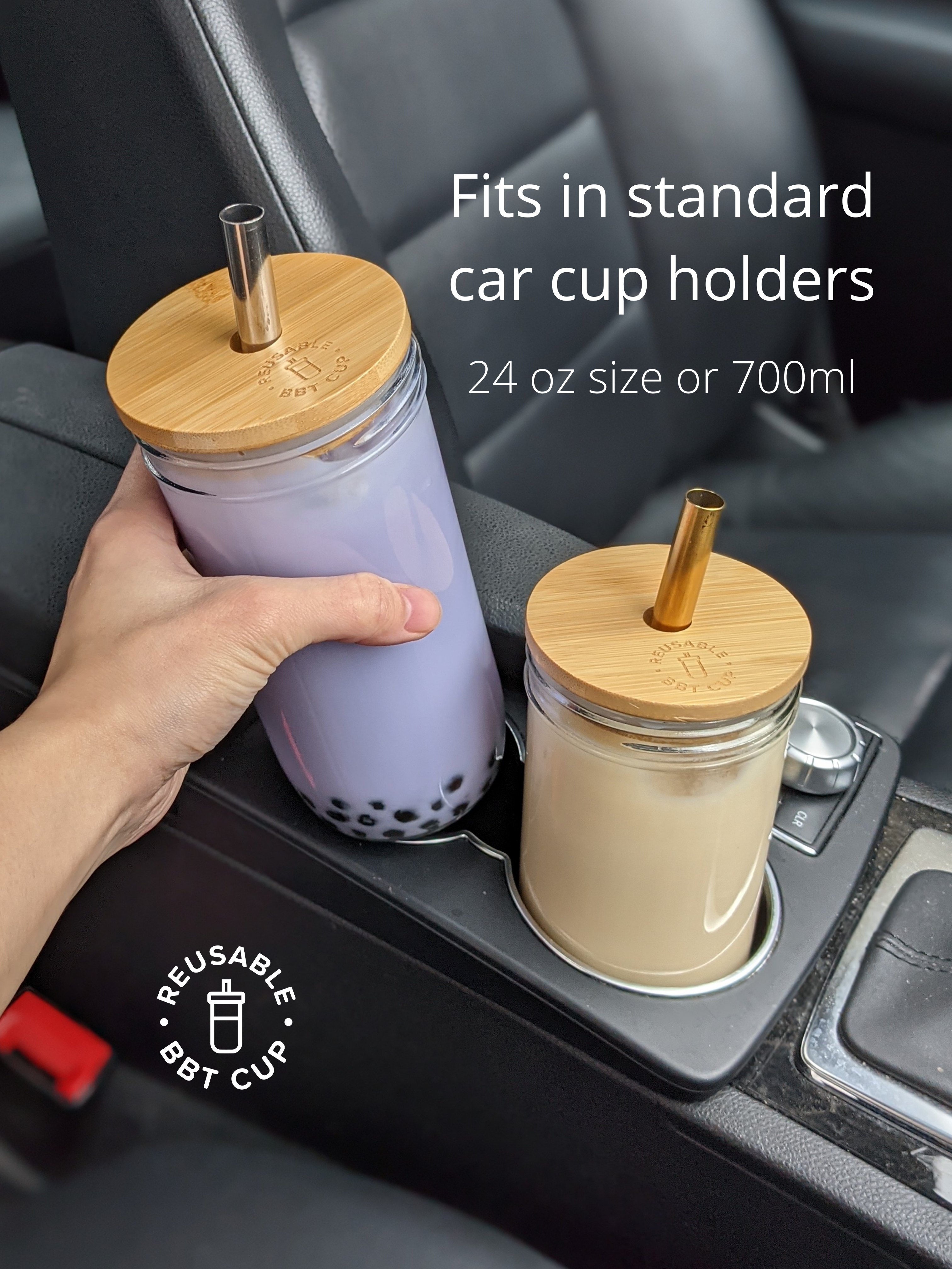 2 PACK: Bamboo Lid Reusable Bubble Tea Cups