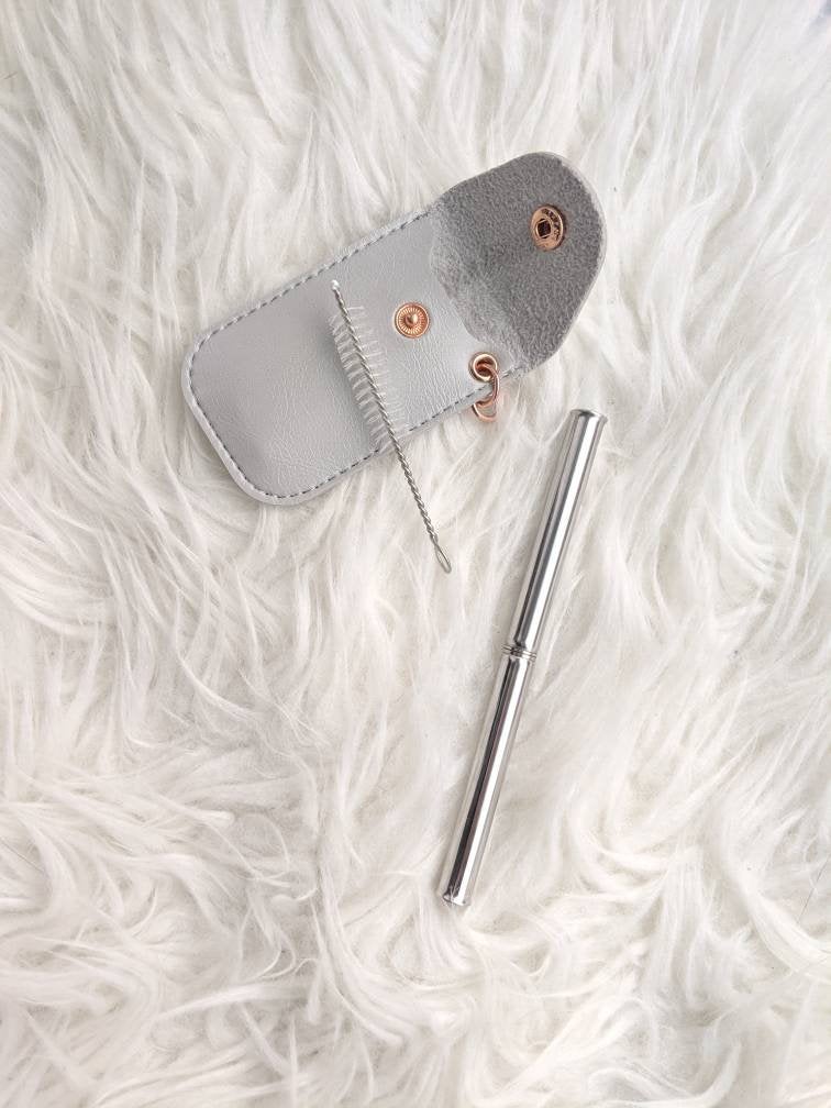 Telescopic Collapsible Stainless Steel Straw in a Vegan Leather Keychain Case