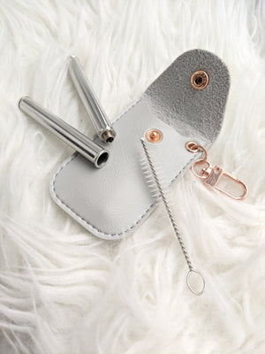 Telescopic Collapsible Stainless Steel Straw in a Vegan Leather Keychain Case